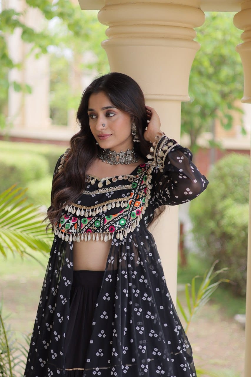 Black Printed Koti with Flared Lehenga & Embroidered Choli Set