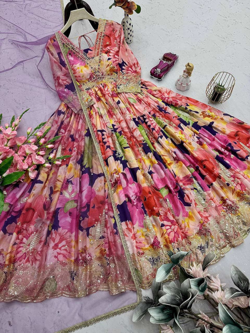 Multicolor Floral Printed Anarkali Gown with Purple Dupatta