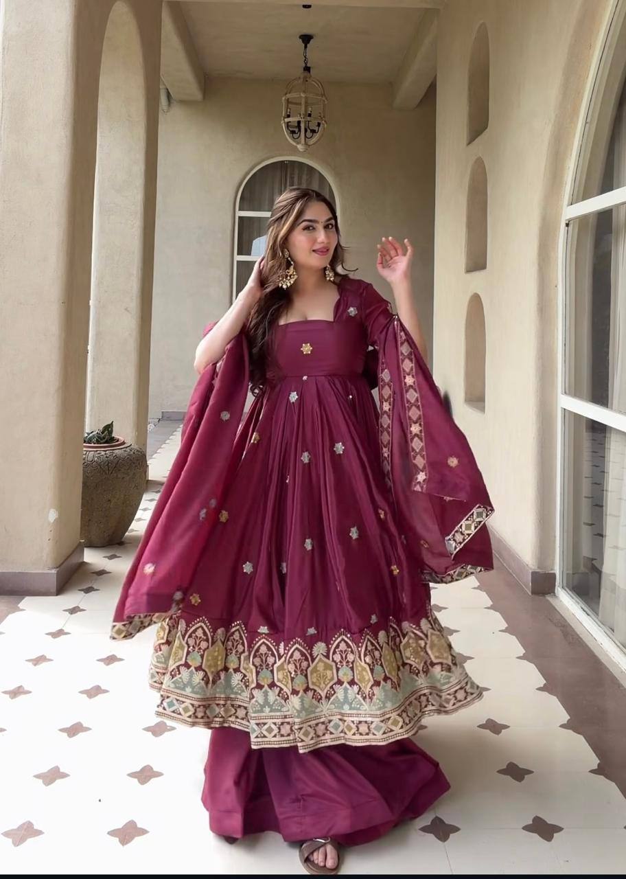 Wine Embroidered Anarkali Gown with Dupatta