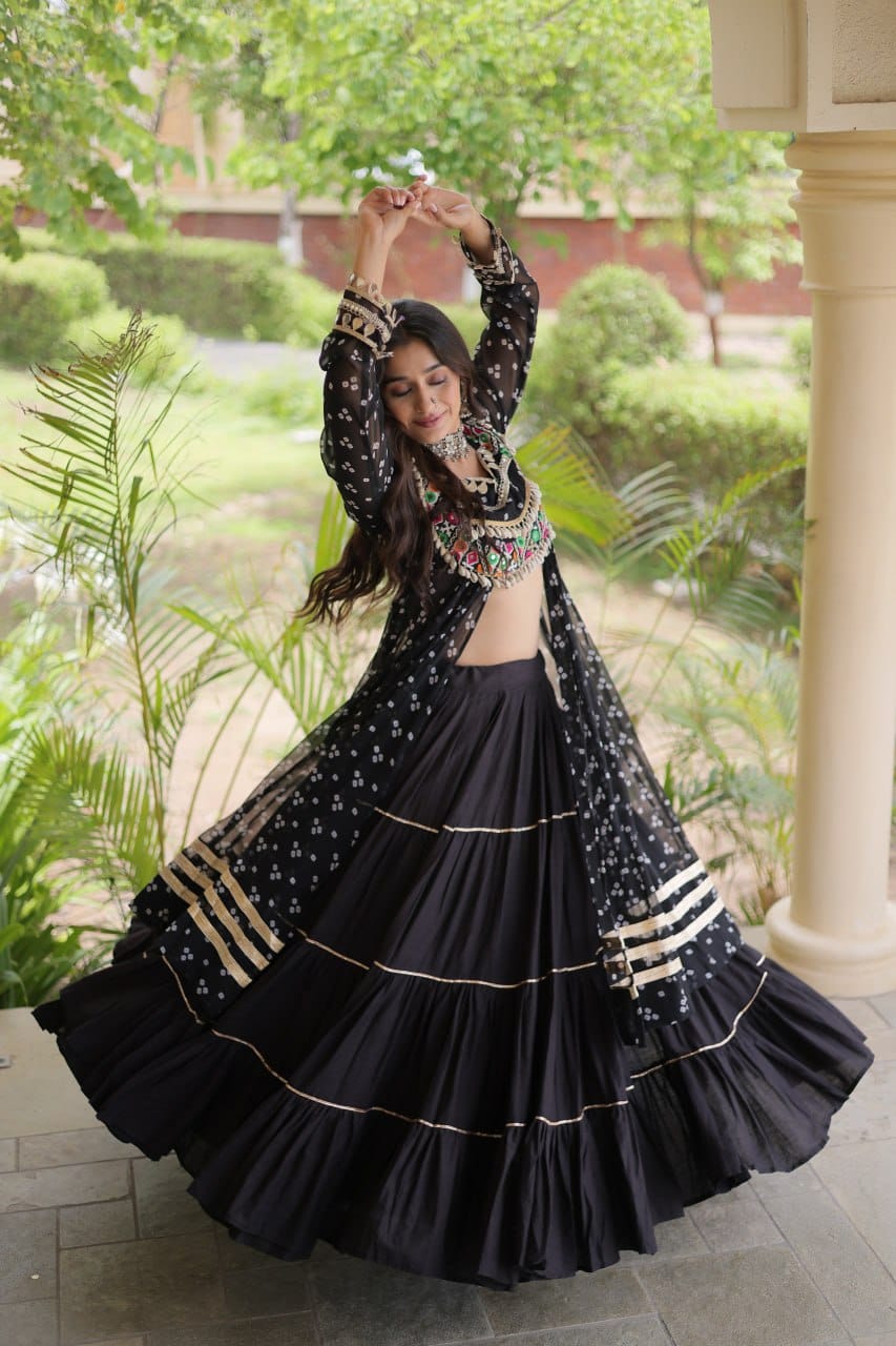 Black Printed Koti with Flared Lehenga & Embroidered Choli Set