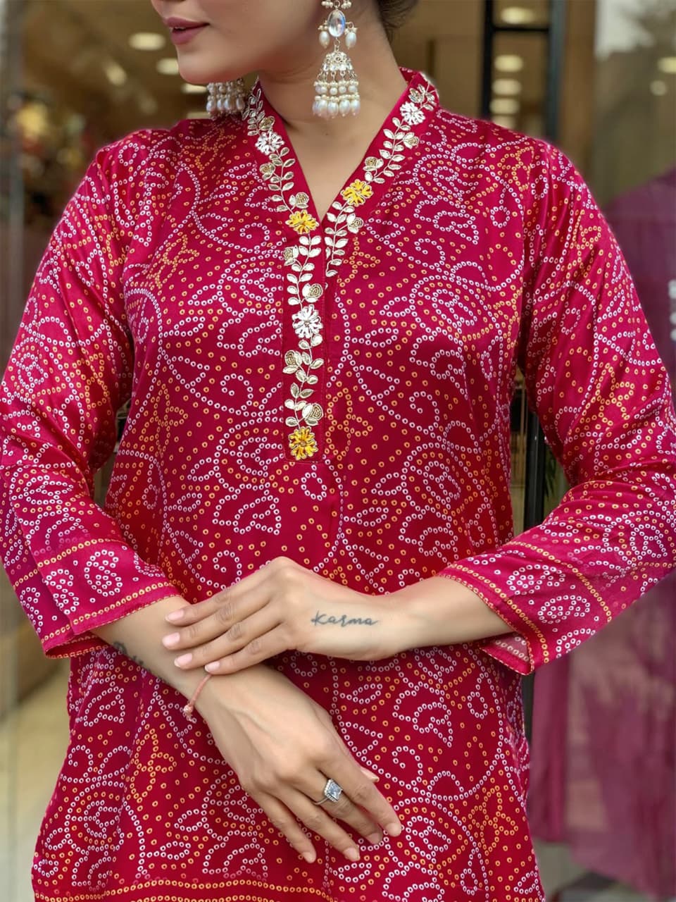 Women's Rani Pink Bandhani Print Kurta Set