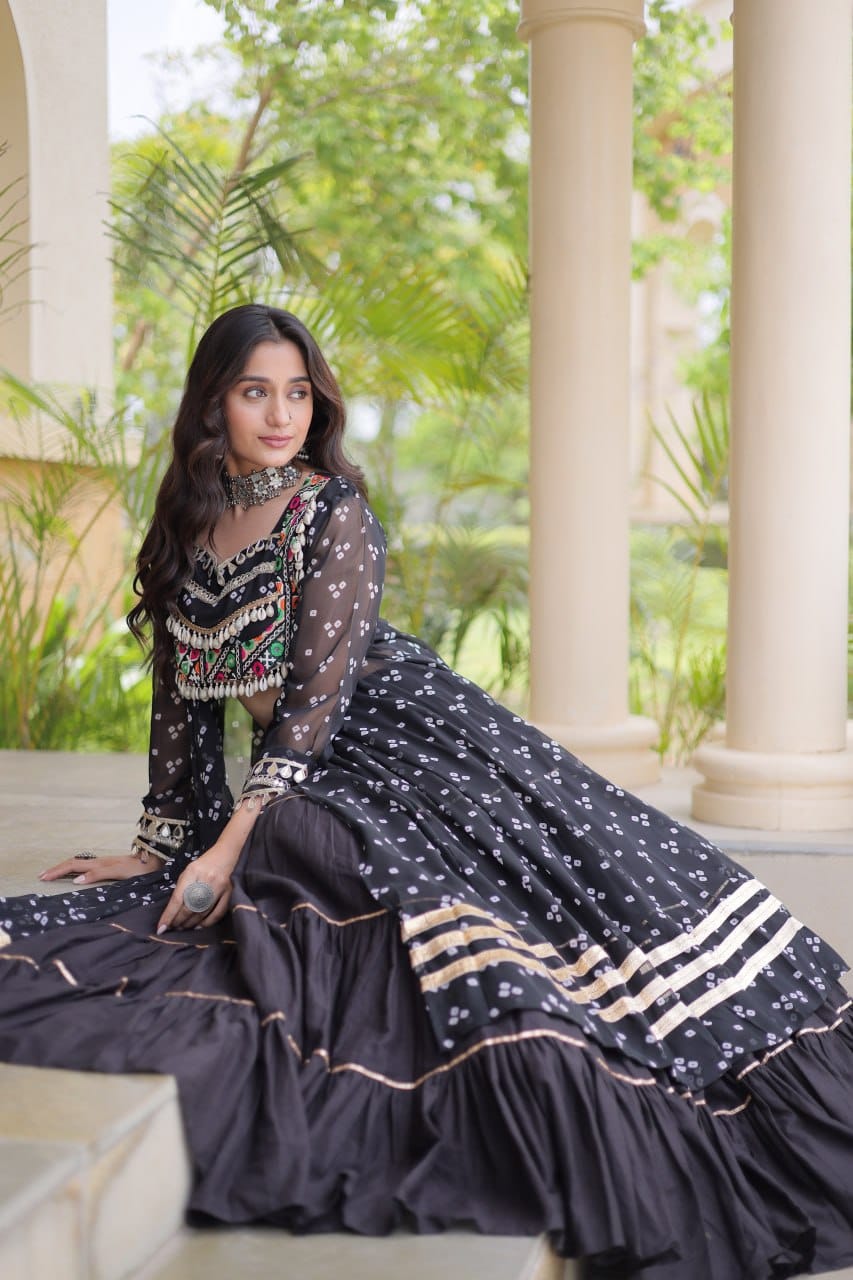 Black Printed Koti with Flared Lehenga & Embroidered Choli Set