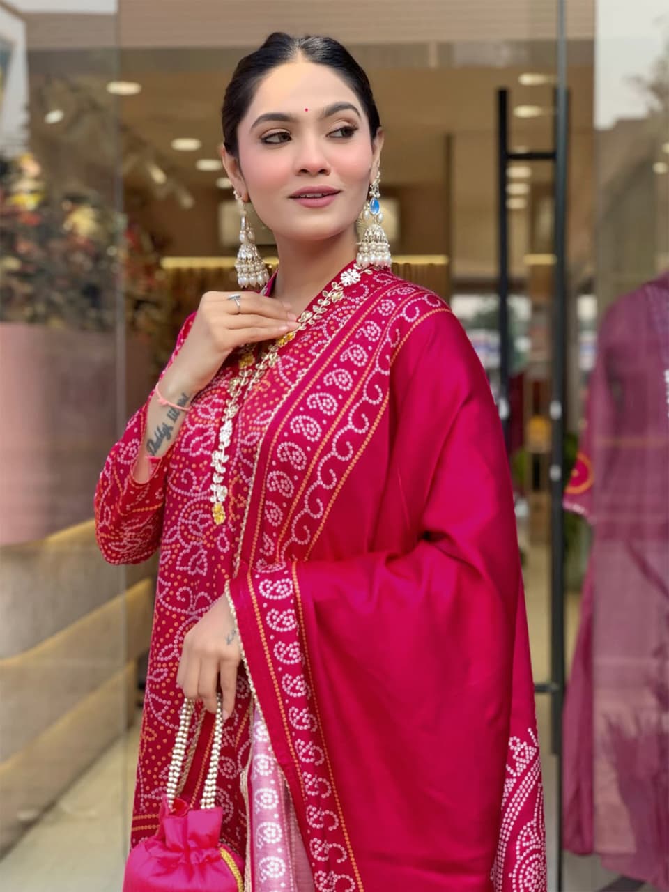 Women's Rani Pink Bandhani Print Kurta Set