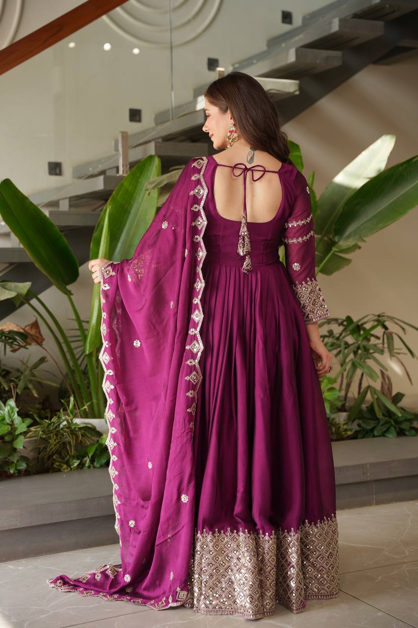 Wine Purple Embroidered Anarkali Suit with Dupatta