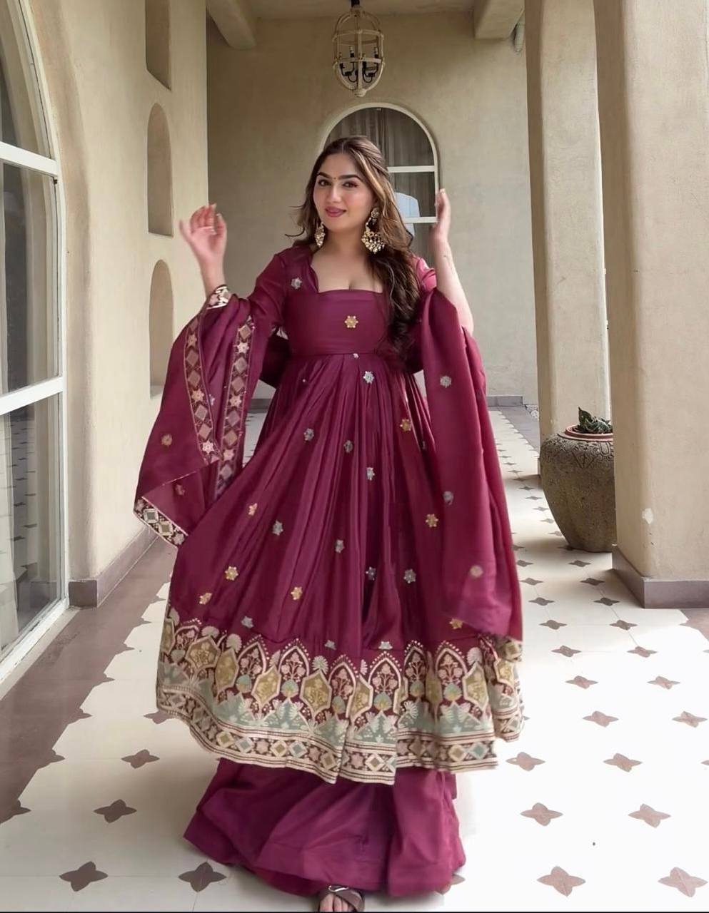 Wine Embroidered Anarkali Gown with Dupatta