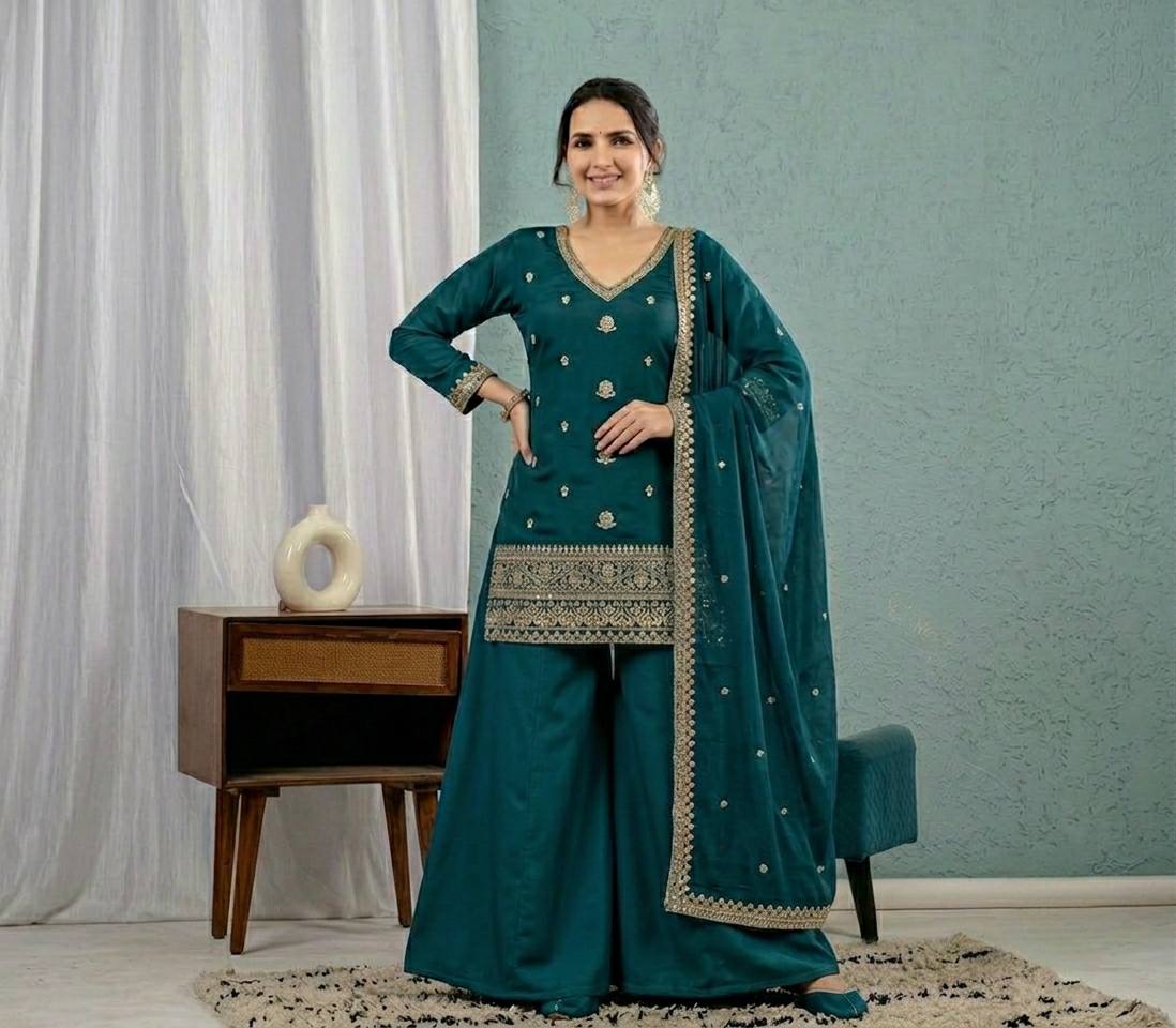 Teal Green Embroidered Palazzo Suit Set with Dupatta