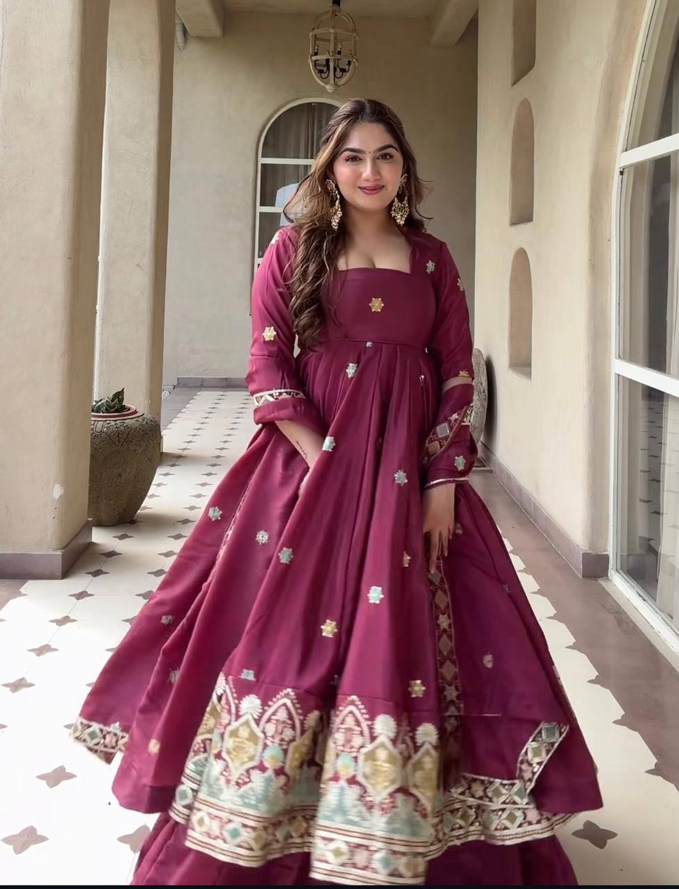 Wine Embroidered Anarkali Gown with Dupatta
