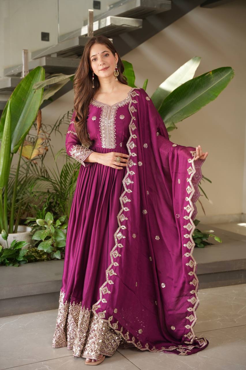 Wine Purple Embroidered Anarkali Suit with Dupatta