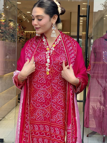 Women's Rani Pink Bandhani Print Kurta Set