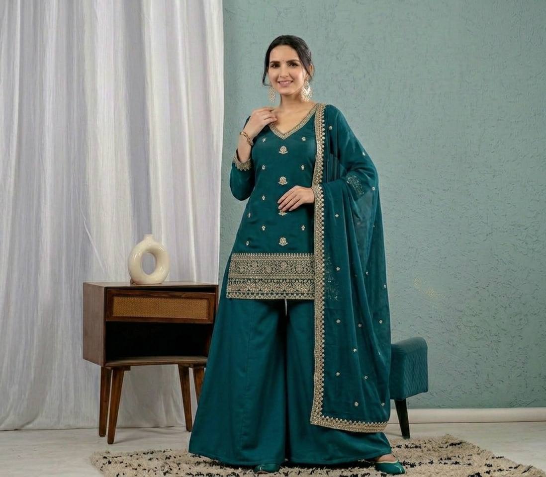 Teal Green Embroidered Palazzo Suit Set with Dupatta
