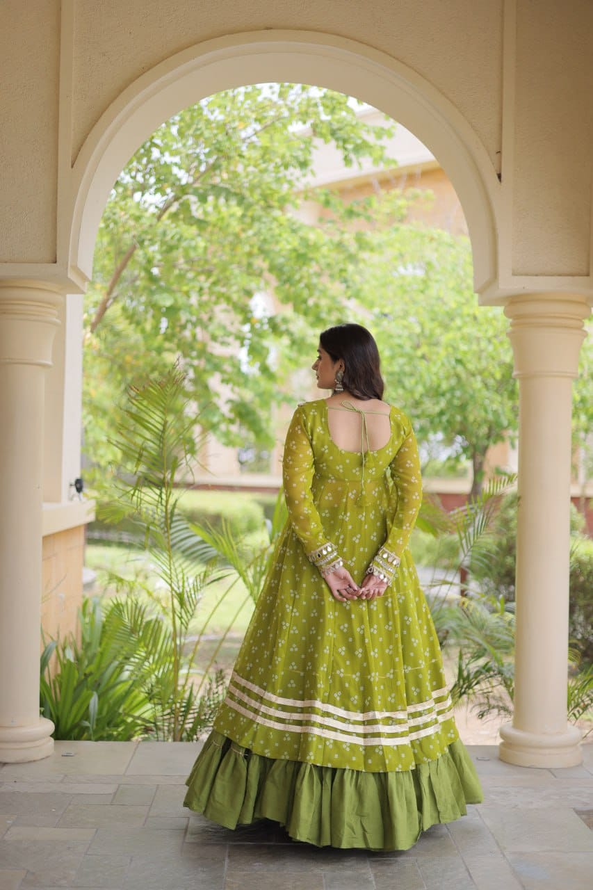 Olive Green Printed Koti with Flared Lehenga & Embroidered Choli Set