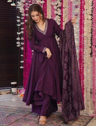 Wine Purple Embroidered Anarkali Kurta Set