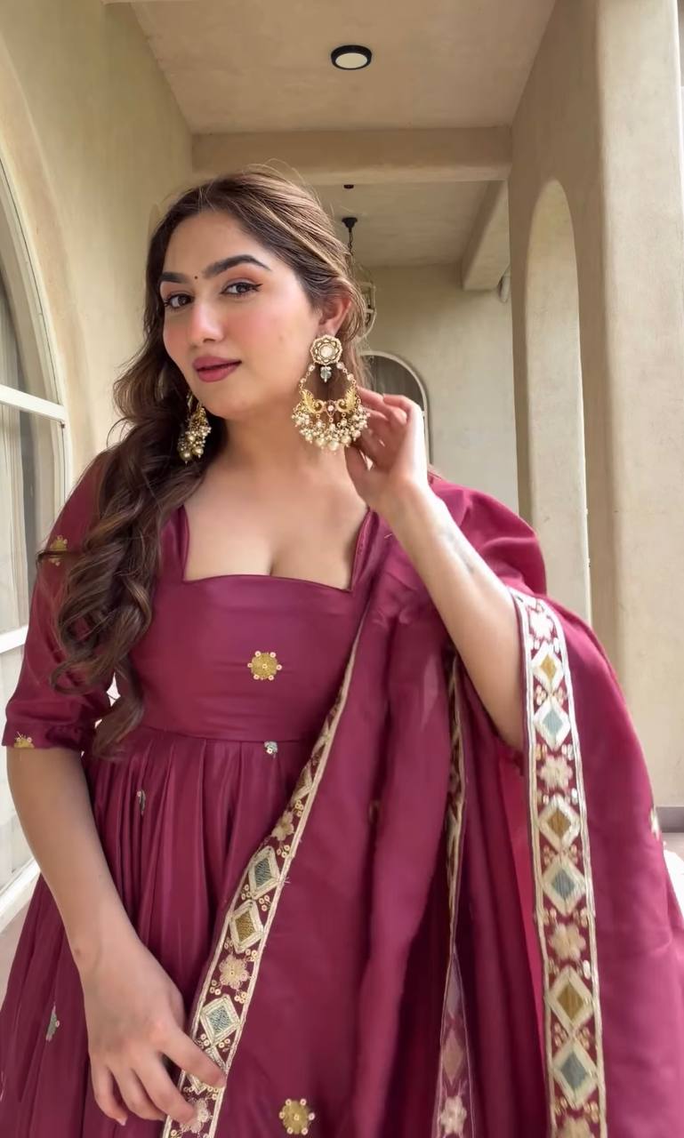 Wine Embroidered Anarkali Gown with Dupatta