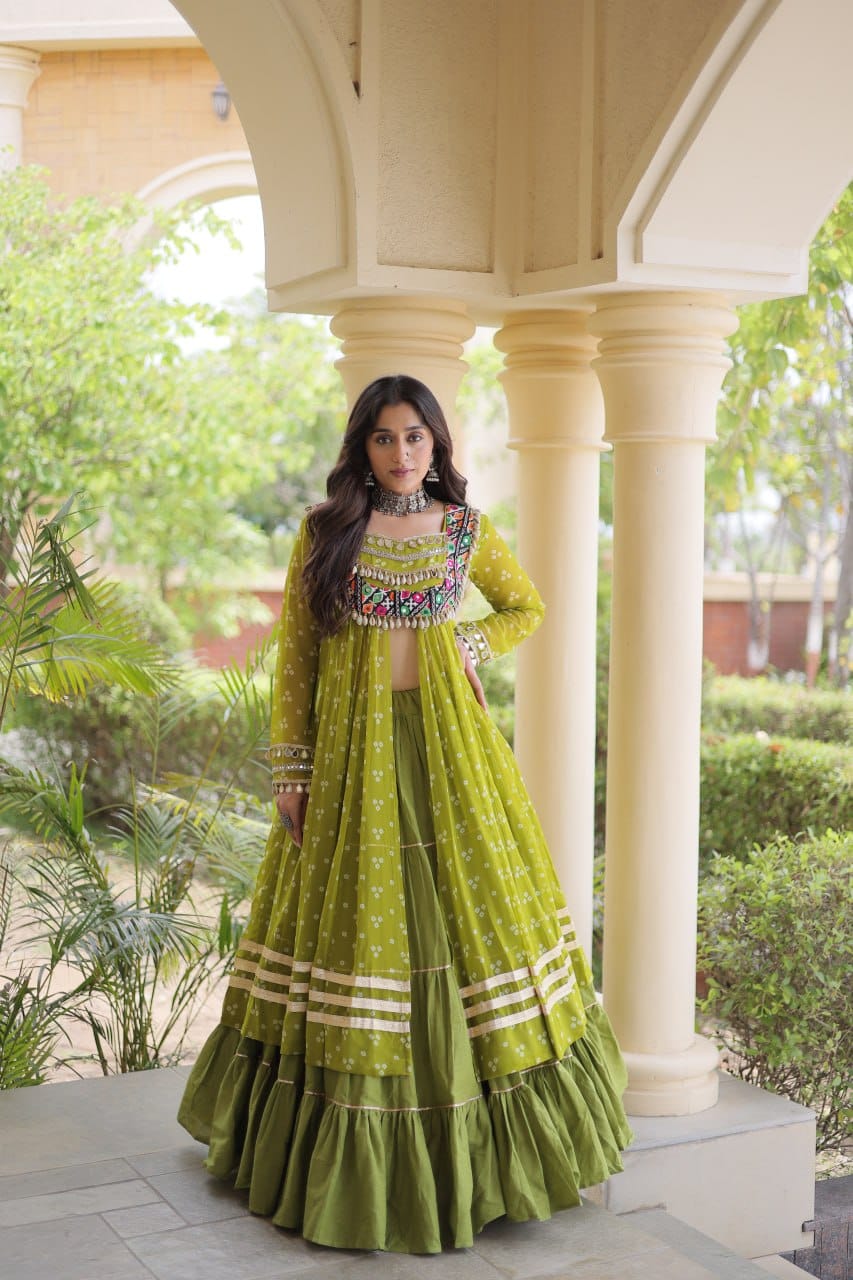 Olive Green Printed Koti with Flared Lehenga & Embroidered Choli Set