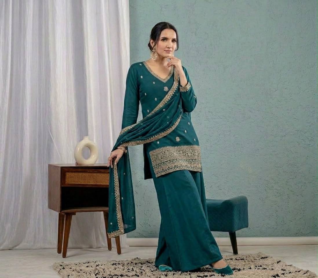 Teal Green Embroidered Palazzo Suit Set with Dupatta