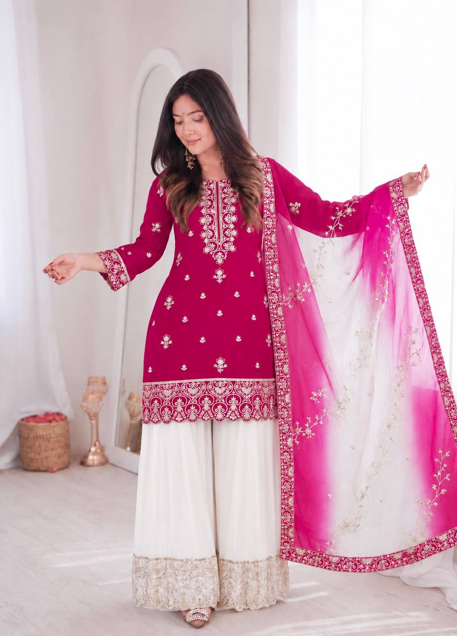 Pink Embroidered Kurta with White Palazzo & Dupatta Set