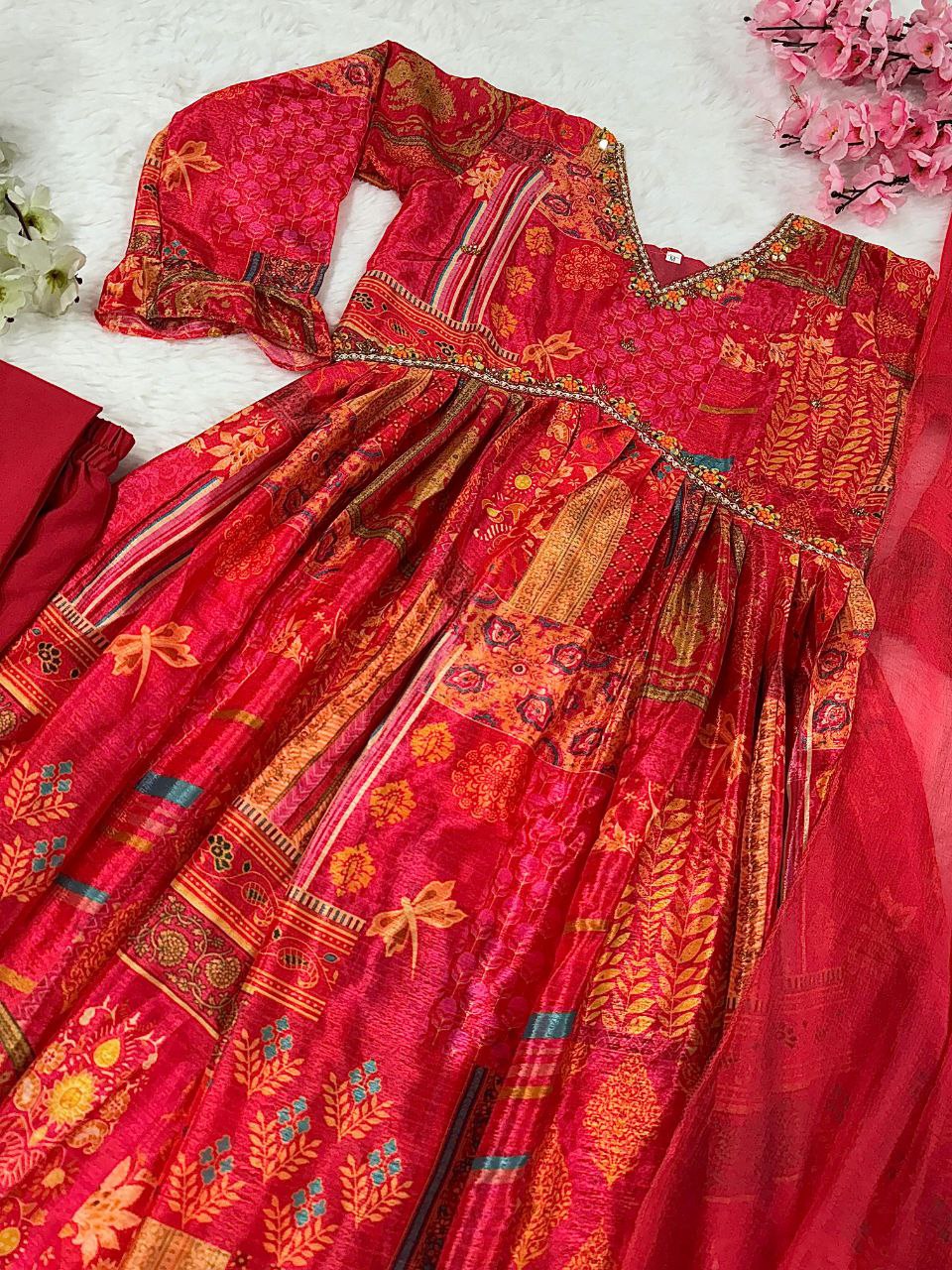 Rani Pink Floral Printed Anarkali Kurta Set with Dupatta
