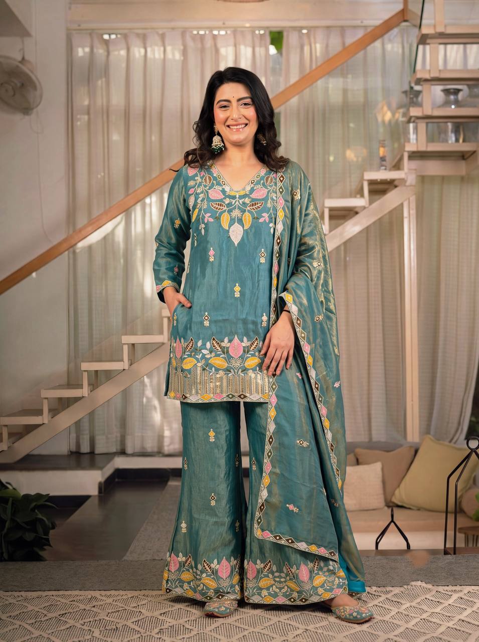 Teal Blue Embroidered Kurta Pant Set with Dupatta