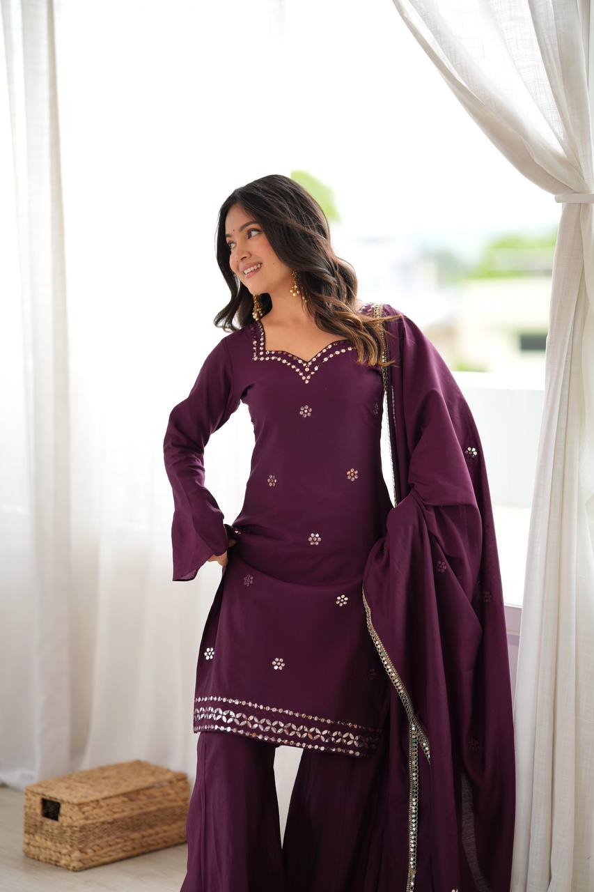 Wine Purple Embroidered Kurta Palazzo Set with Dupatta