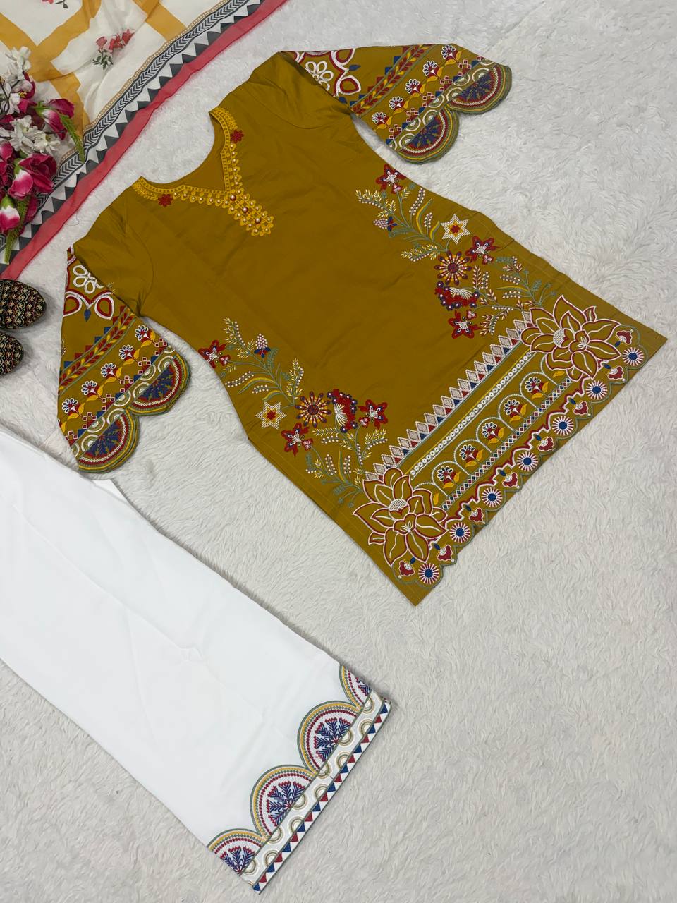 Mustard Yellow Embroidered Palazzo Suit Set with Printed Dupatta