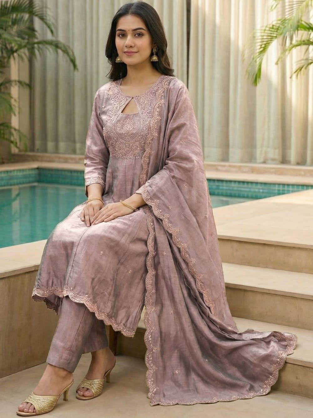 Women's Dusty Mauve Embroidered Kurta Set