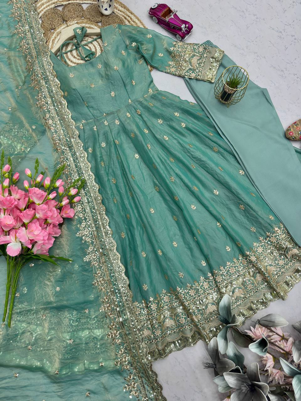 Sea Green Embroidered Anarkali Gown with Dupatta