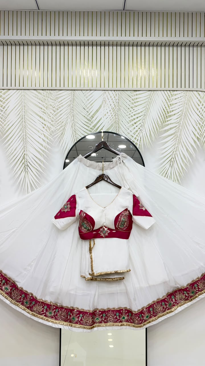 White Lehenga Choli with Pink Embroidered Border & Dupatta