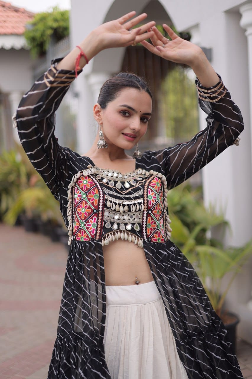 Women’s Black & White Navratri Lehenga Set with Embroidered Jacket