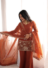 Rust Orange Embroidered Kurta Sharara Set