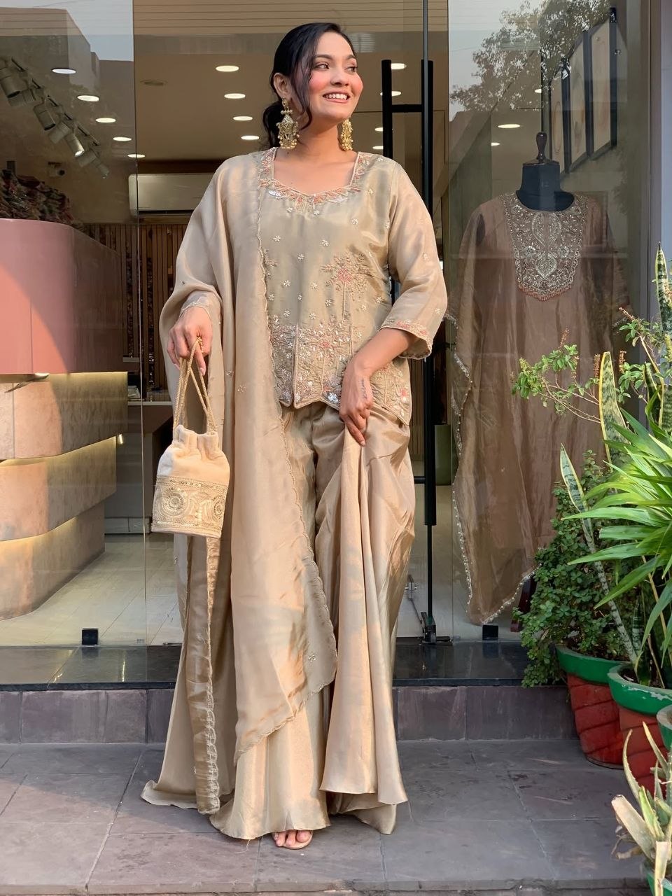 Beige Embroidered Peplum Kurta Palazzo Set with Dupatta