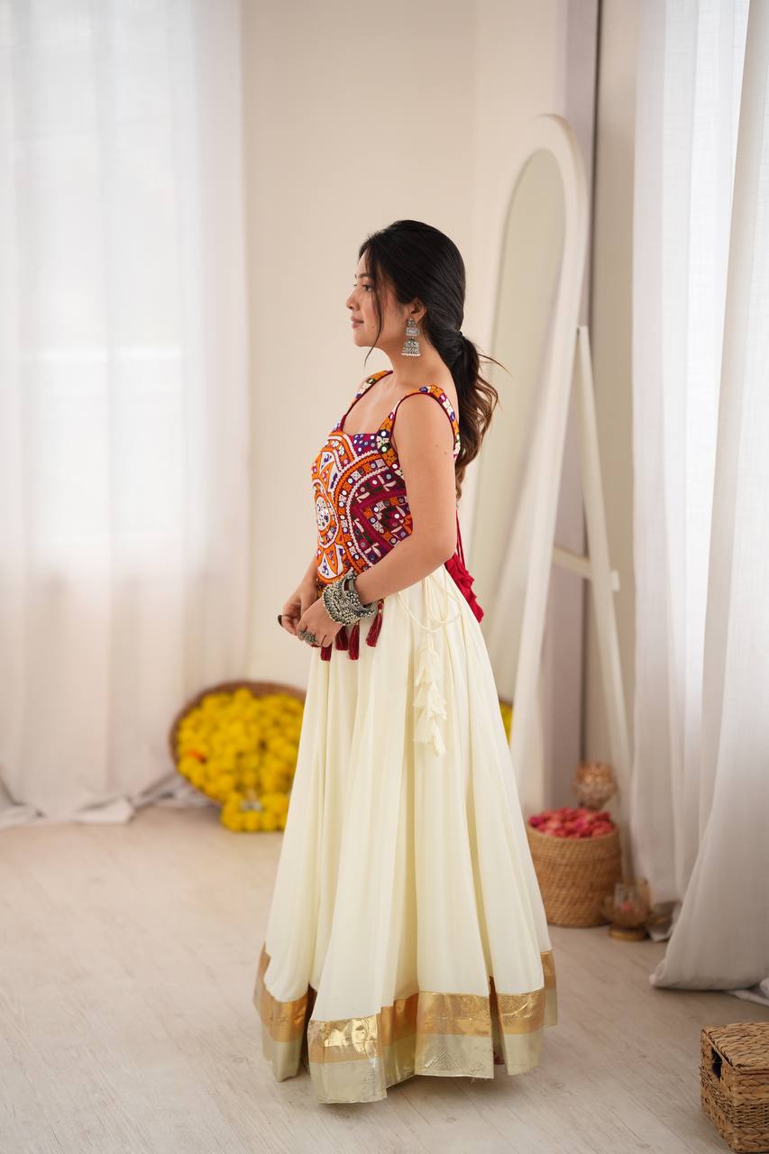 White Embroidered Chaniya Choli with Mirror Work & Gold Border