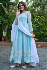 Sky Blue Embroidered Anarkali Suit Set