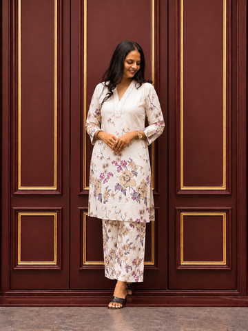 V-Neck Floral Printed Kurta & Pant  Set