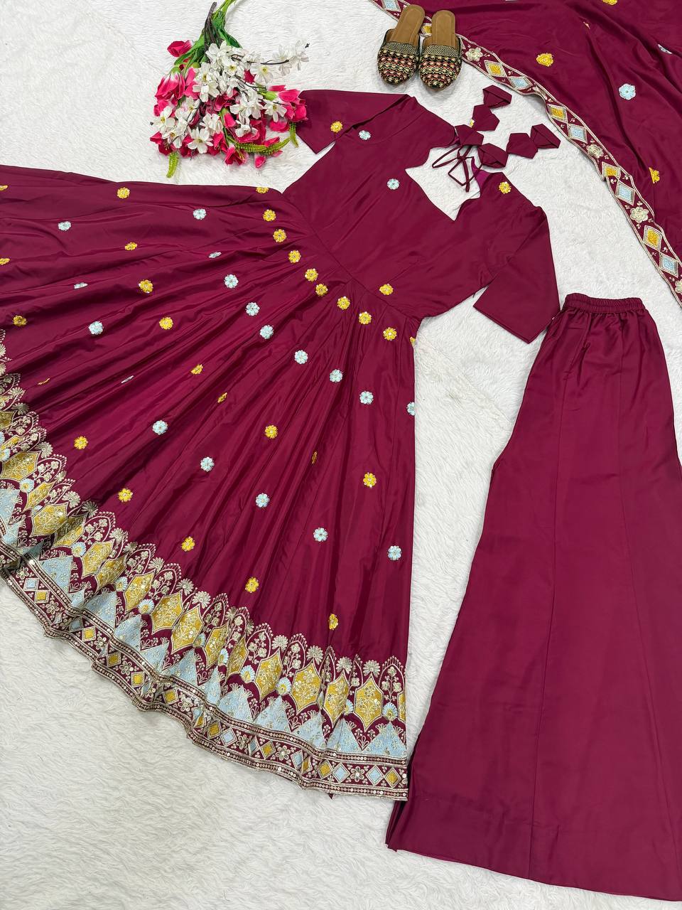 Wine Embroidered Anarkali Gown with Dupatta