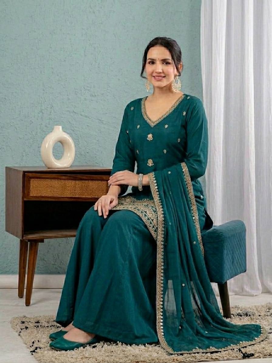 Teal Green Embroidered Palazzo Suit Set with Dupatta