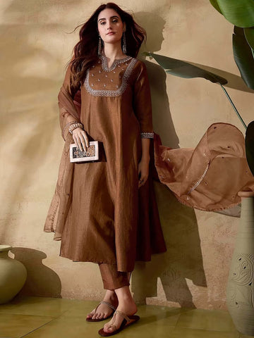 Women's Coffee Brown Embroidered Kurta Set