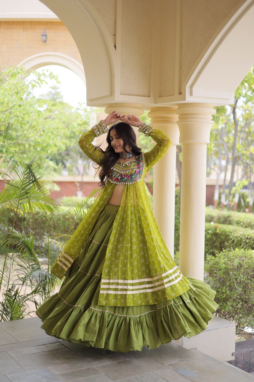 Olive Green Printed Koti with Flared Lehenga & Embroidered Choli Set