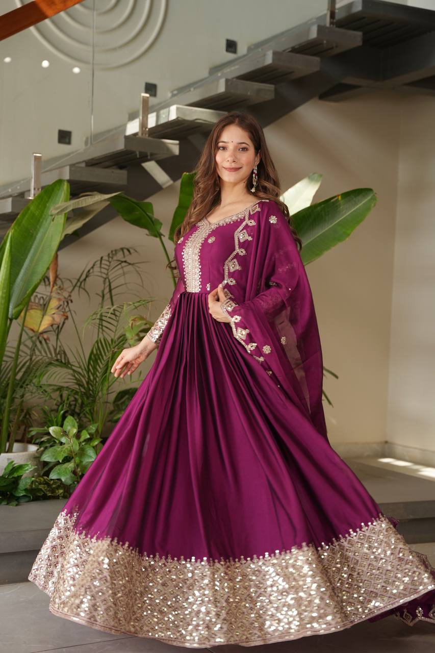 Wine Purple Embroidered Anarkali Suit with Dupatta
