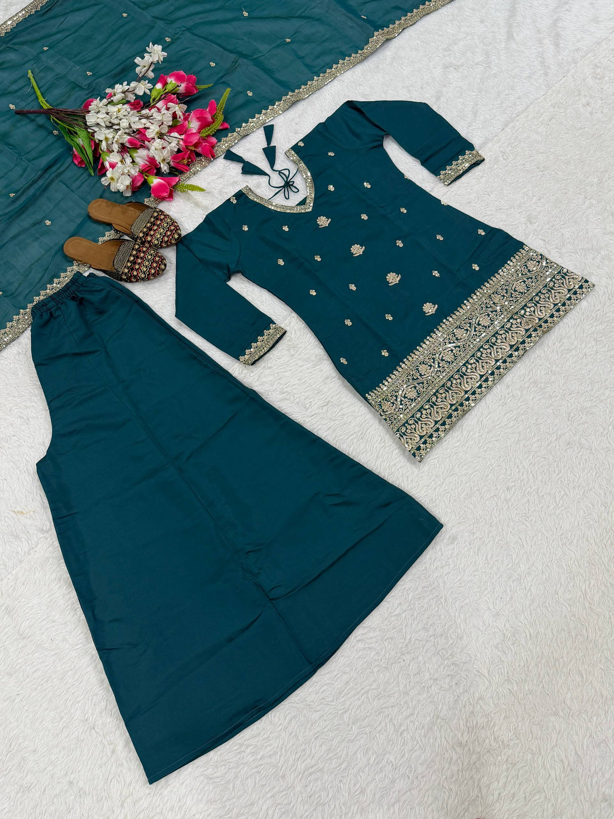 Teal Green Embroidered Palazzo Suit Set with Dupatta
