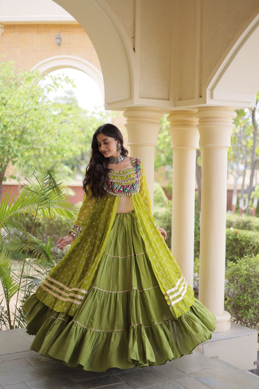 Olive Green Printed Koti with Flared Lehenga & Embroidered Choli Set