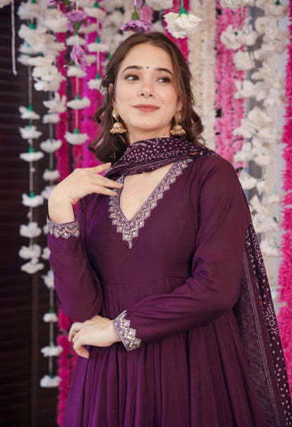 Wine Purple Embroidered Anarkali Kurta Set