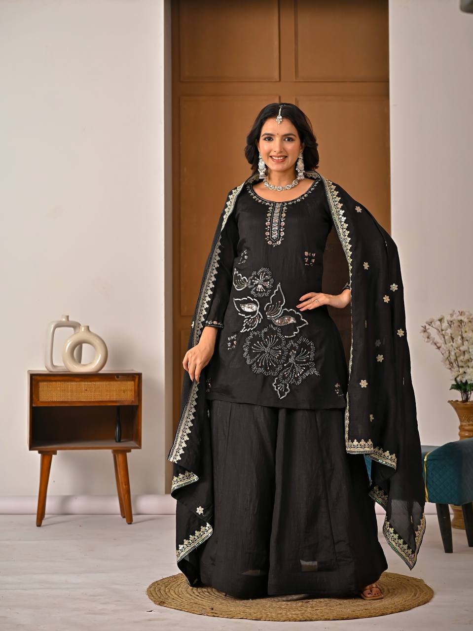 Black Embroidered Palazzo Suit Set with Dupatta