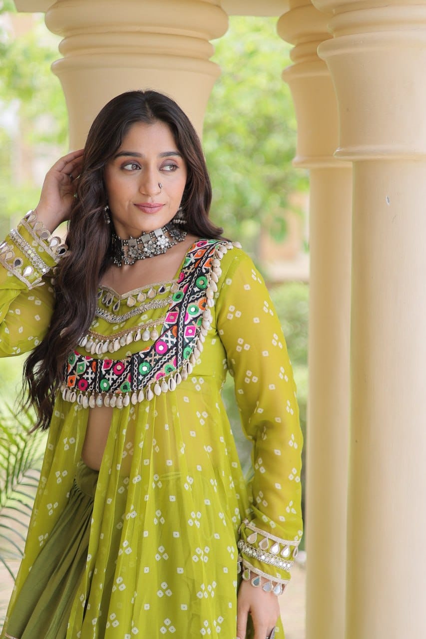 Olive Green Printed Koti with Flared Lehenga & Embroidered Choli Set