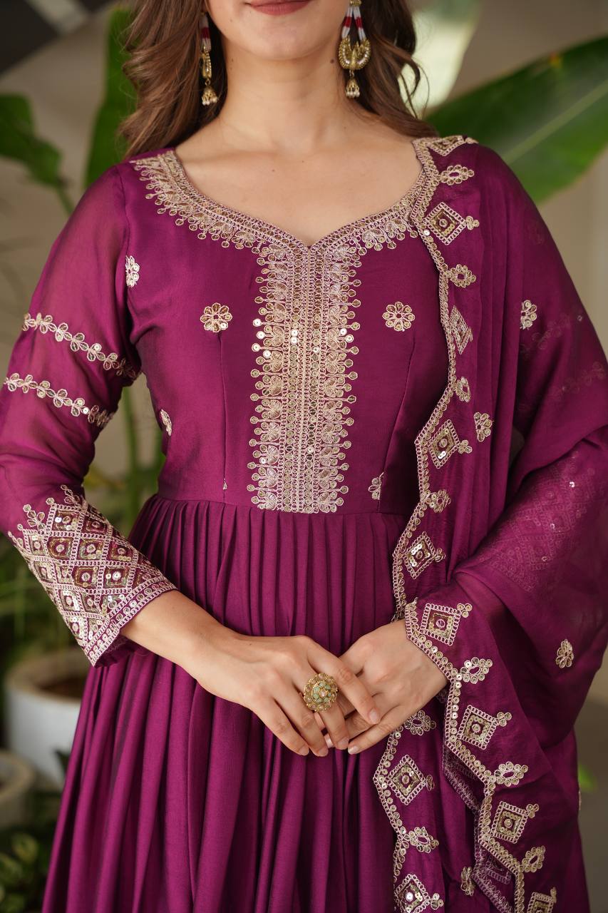 Wine Purple Embroidered Anarkali Suit with Dupatta