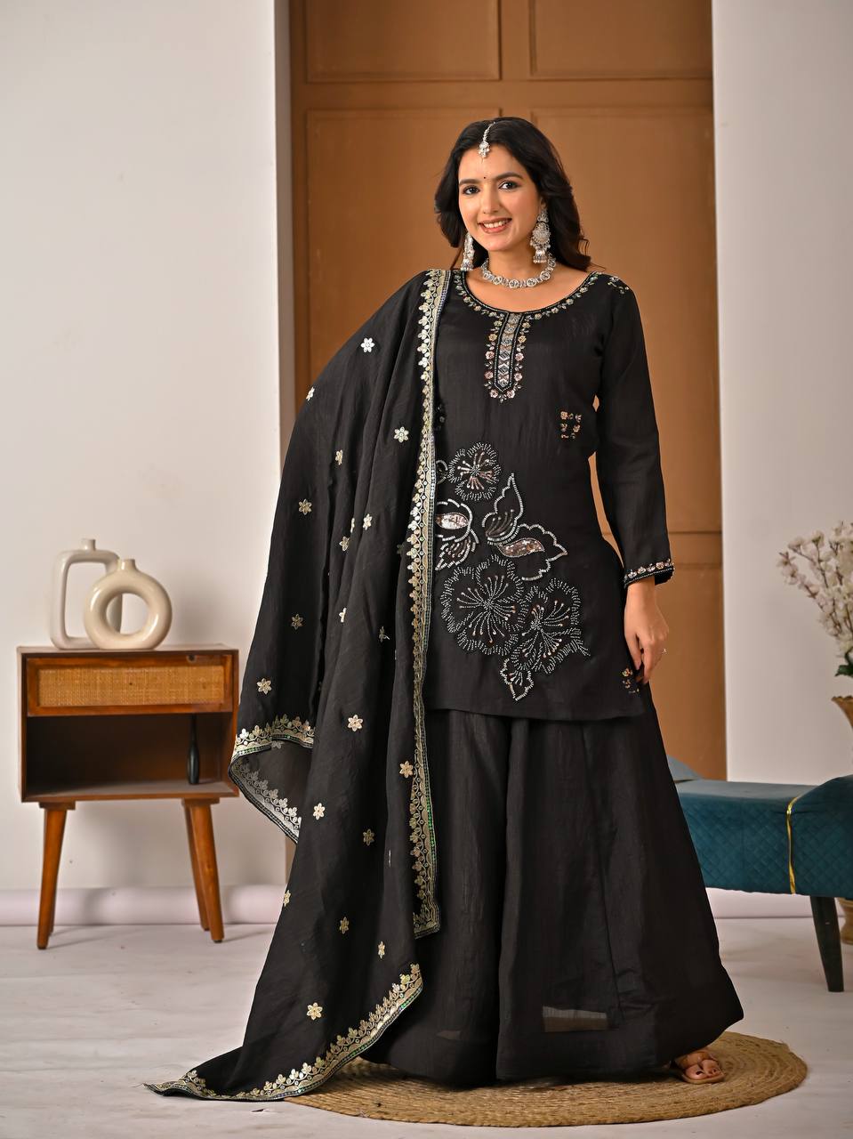 Black Embroidered Palazzo Suit Set with Dupatta