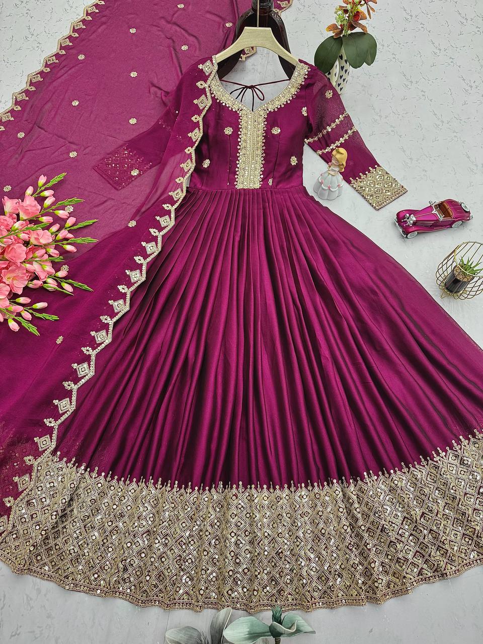 Wine Purple Embroidered Anarkali Suit with Dupatta