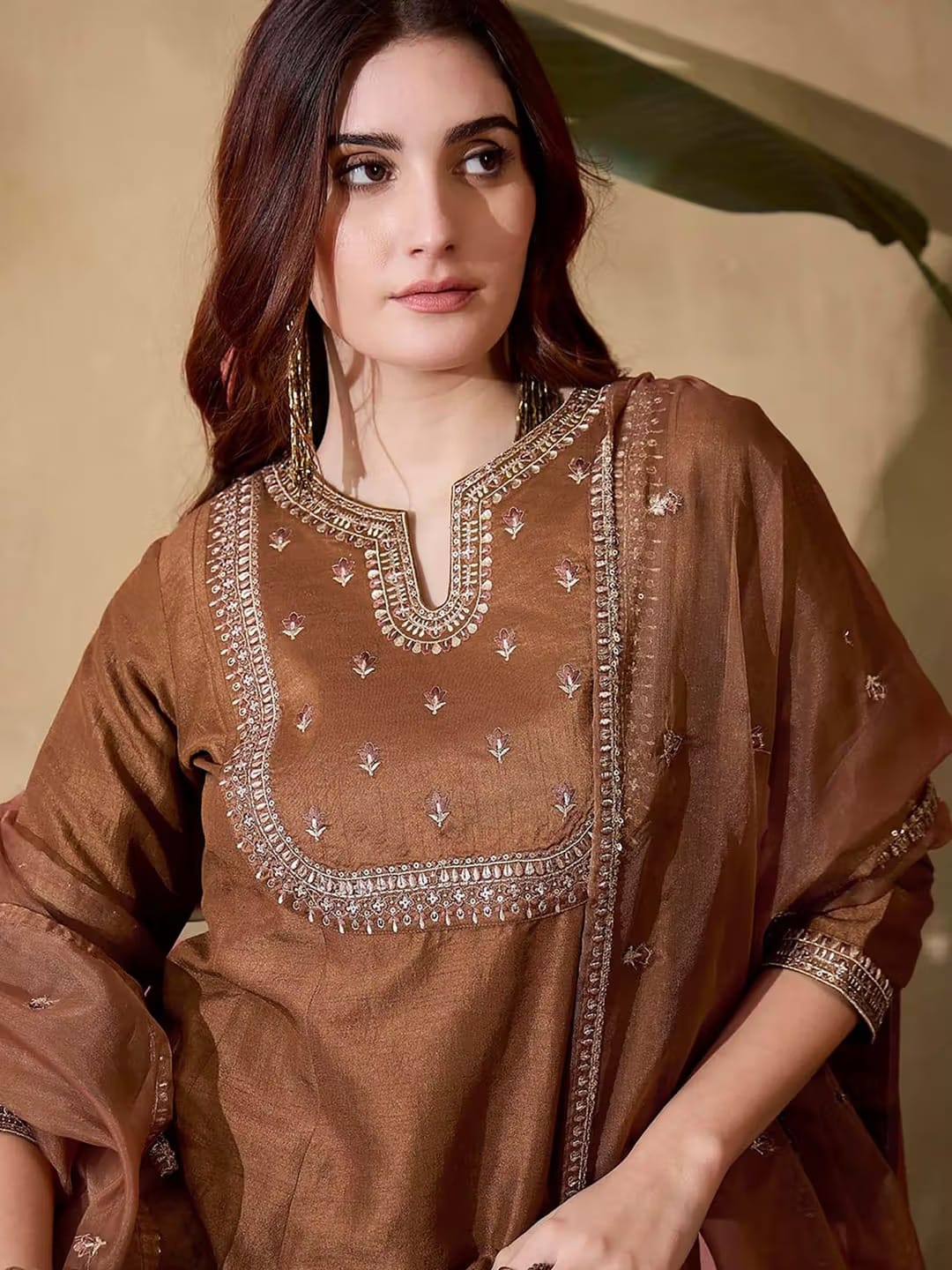 Women's Coffee Brown Embroidered Kurta Set