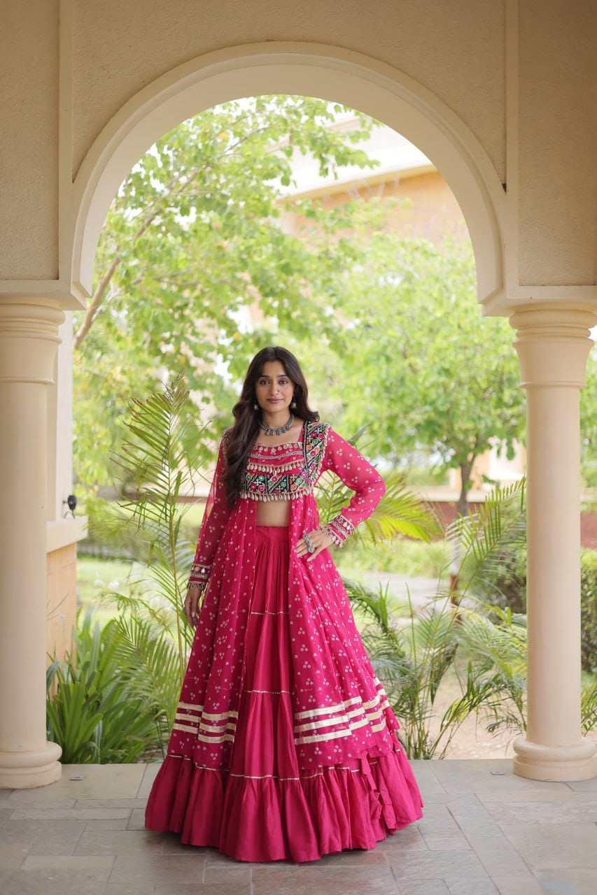 Pink Printed Koti with Flared Lehenga & Embroidered Choli Set