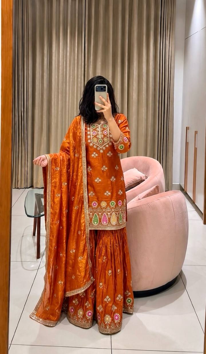 Orange Embroidered Sharara Suit Set with Dupatta
