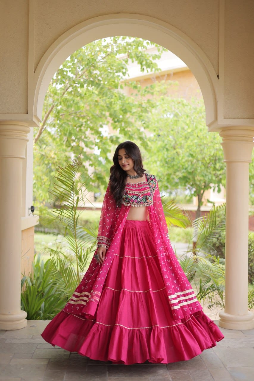 Pink Printed Koti with Flared Lehenga & Embroidered Choli Set